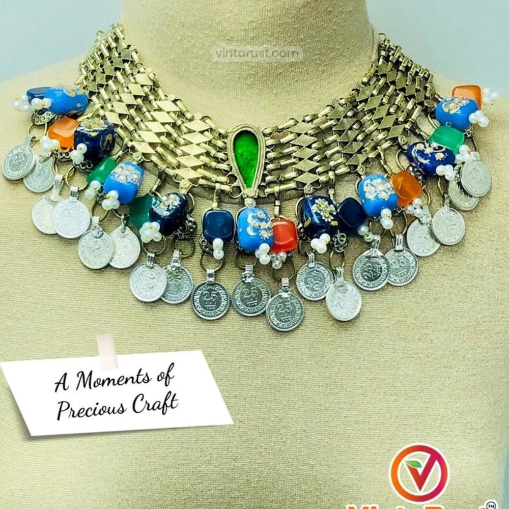 Vintage Kuchi Choker: Coin & Multicolor Glass Stone Necklace - Picture 2 of 9